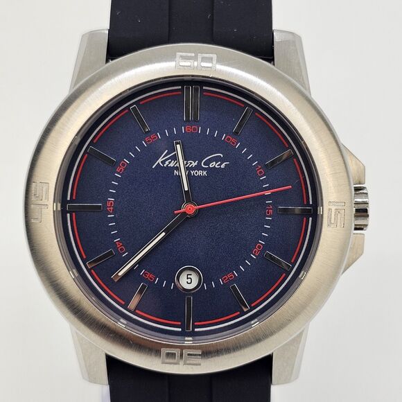 Kenneth Cole Men's Watch 42MM Blue Dial Date New Black Plastic Bands New Battery - Picture 1 of 12